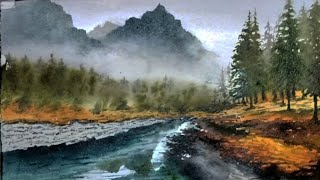 How To Paint Misty Mountain In Watercolour!!Misty Mountain Watercolor Tutorial!!Misty River!!