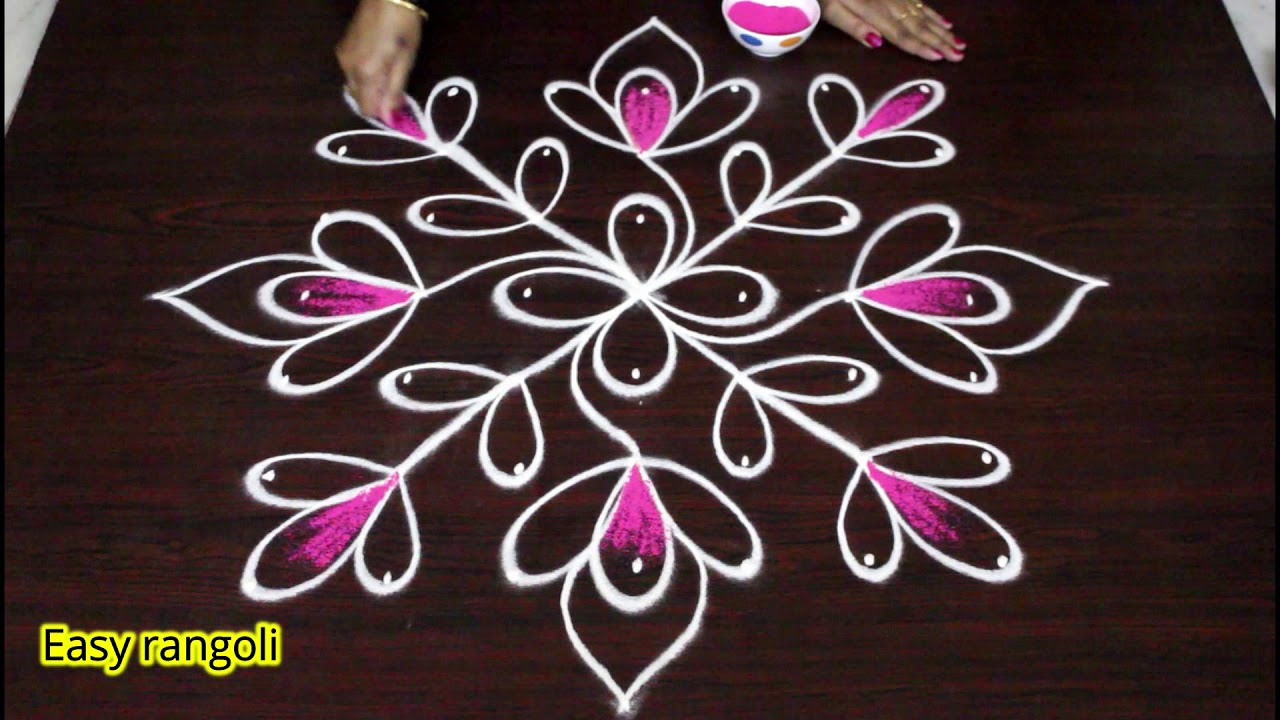 Easy Flower Rangoli Designs With Colors || How To Draw Simple Kolam ...