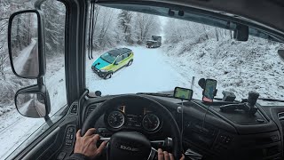 Truck Driver Struggles With a Heavily Loaded Truck on Snowy Village Roads