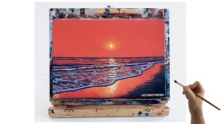 ACRYLIC PAINTING TUTORIAL SUNSET BEACH Ocean beach sunset painting for beginners/intermediate