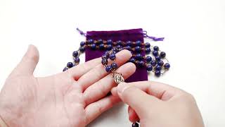 Nazareth Store Lapis Lazuli Natural Stone Beads Rosary Necklace Holy Soil Medal \u0026 Cross