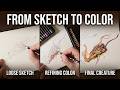 Creature Design Workflow: From Thumbnails to Final Colored Pencil Sketch