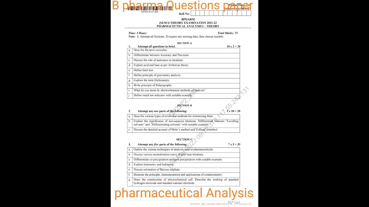 Pharmaceutical Analysis B Pharm 1st Semester Question Paper 2021-22 ...