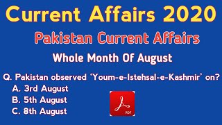 Current Affairs 2020|| Whole Month of Aug 2020|| Pakistan Current Affairs||