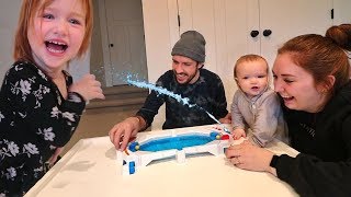 DON'T GET SPRAYED!! new mystery board game with Mom, Dad, and baby brother (family fun)