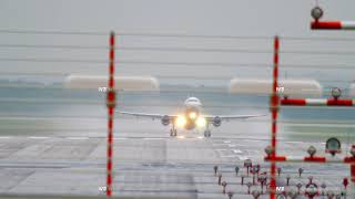 Airplane departure at rainy weather