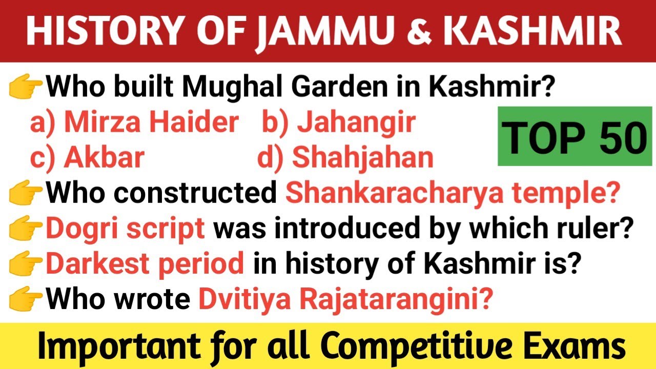 History Of Jammu And Kashmir Mcq | Jammu & Kashmir Imp Questions And ...