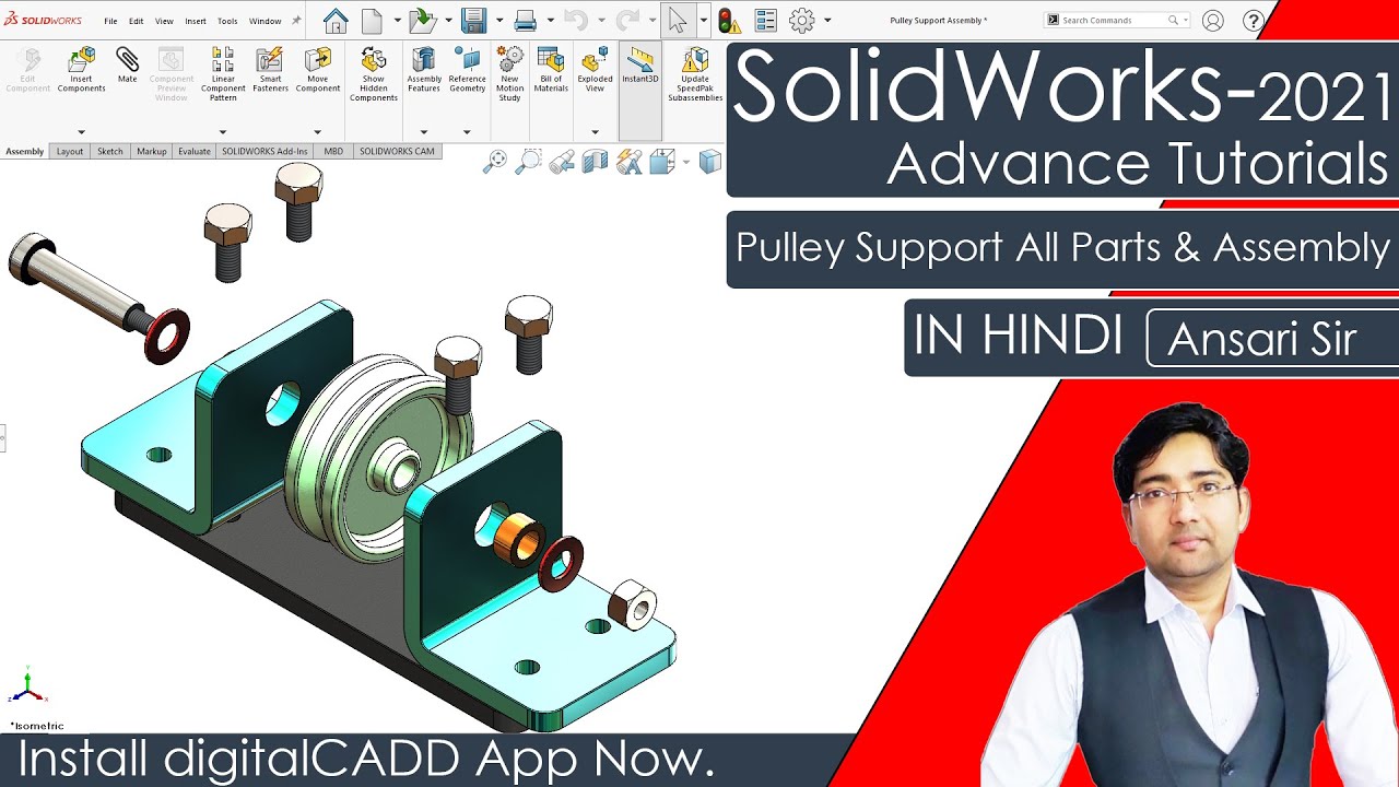 Pulley Support Assembly In Solidworks | SolidWorks Full Course In Hindi ...