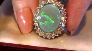 13.20 Carat Solid Semi-black Crystal Opal \u0026 VS Briiliant Round Cut Diamonds on 14K Solid Gold