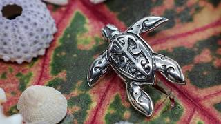 Turtle (Hawaiian Honu) handmade necklace pendant with tribal tattoo design. Sterling Silver.