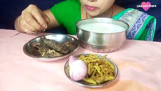 Eating Basi Pakhala Bhata Ku Luni Sukhua Besar /Panta Bhat Dry Fish Fry/ Alu Bhaja Onion Eating Show