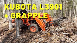 #122 Kubota L3901 \u0026 Grapple Clearing in the Woods For A Large Campsite