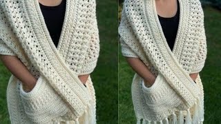 طريقة عمل شال مستطيل بالكروشيه بجيوب مميز وانيق.. Crochet shawl with pockets