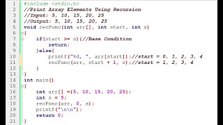 Code for love-29, Print elements of array using recursion in c with proper description