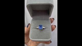 Three Stone Emerald Cut Blue Sapphire Engagement Ring By Brilani Jewelry