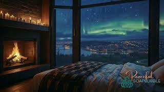 8h Cozy Ambience Bedroom Wales, UK Rainy Night Northern Lights Fireplace Rain Sounds ASMR