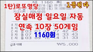 1탄)1160회 로또명당 잠실매점 일요일자동 연속 50게임 #자동 패턴분석 #카라본