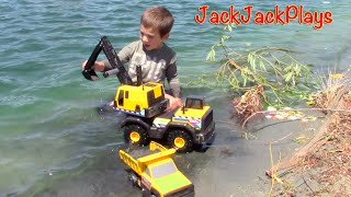 Construction Trucks for Kids! Unboxing Toy Backhoe & Pretend Play at the Beach! | JackJackPlays