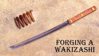 Forging a rusty spring into a functional Wakizashi sword by hand