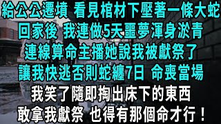 給公公遷墳 看見棺材下壓著一條大蛇，回家後 我連做5天噩夢渾身淤青，連線算命主播她說我被獻祭了，讓我快逃否則蛇纏7日 命喪當場，我笑了隨即掏出床下的東西，敢拿我獻祭 也得有那個命才行！