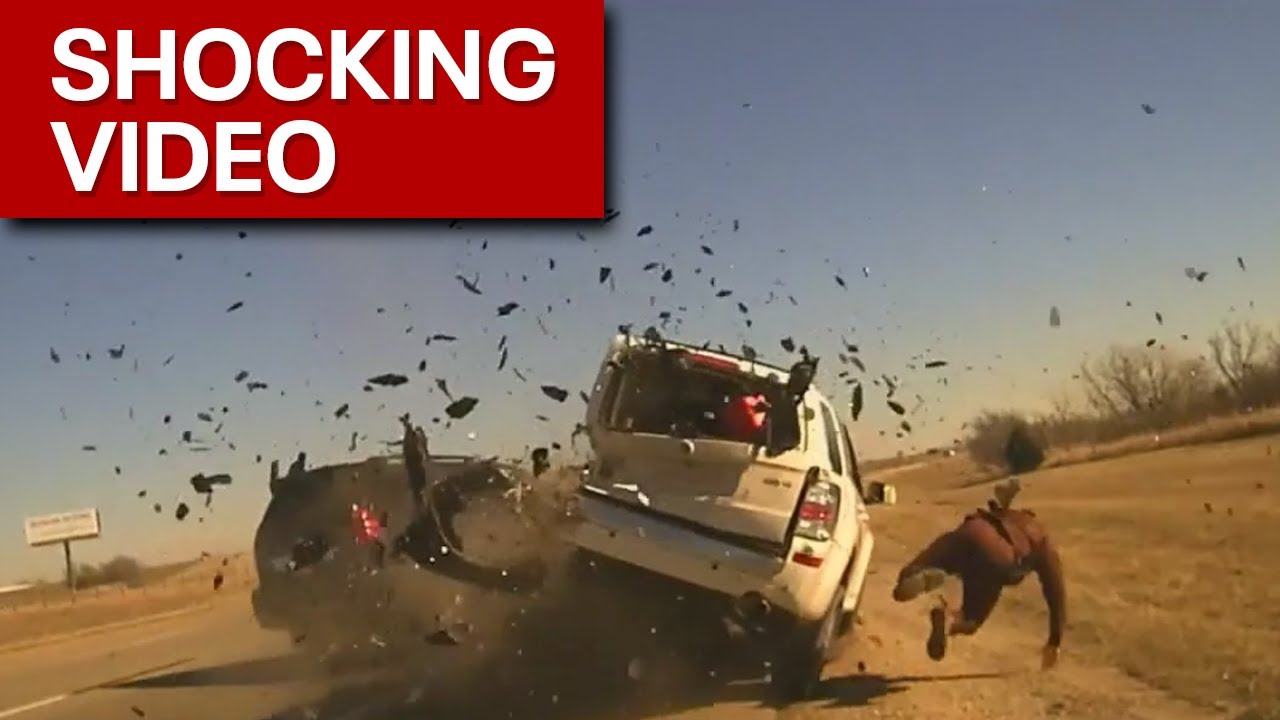 Oklahoma Trooper Tossed Into Field By Crash Impact - YouTube