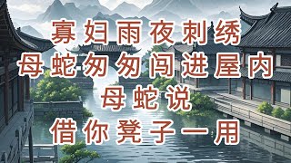 民间故事：寡妇雨夜刺绣，母蛇匆匆闯进屋内，母蛇说，借你凳子一用