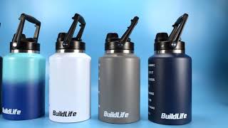 BuildLife Stainless Steel Water Bottle - 64 OZ Half Gallon Motivational Time Marker Wide Mouth