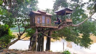 Camping hujan deras terjang angin kencang ketakutan saat di rumah pohon - solo camping