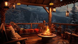 Winter Cozy Porch in Mountains with Peaceful Piano Music, Bonfire, Snow Falling & Blizzard Sounds