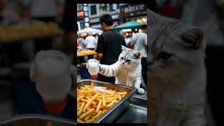 Hardworking cat makes a living by selling french fries