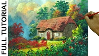 Acrylic Landscape Painting Tutorial / Colorful House in the Garden with Flowers / JMLisondra