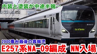 【2000番台最後の異端児】内装と塗装が中途半端なE257系NA-09編成 NN入場【2020.09.09】