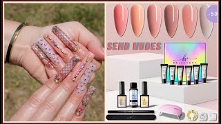 BellaVena Send Nudes Polygel Kit Review I Nude Encapsulated Floral Gucci Bling Nail Design