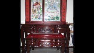 神桌 大哪咪刻花神桌 財山財水觀音聯(手工畫綢布)六尺三神桌佛桌神櫥佛櫥神像佛像神聯佛聯神明彩聯對設計製作N01