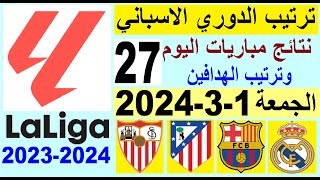ترتيب الدوري الاسباني وترتيب الهدافين الجولة 27 اليوم الجمعة 1-3-2024 - نتائج مباريات اليوم