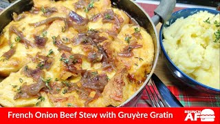 French Onion Beef Stew with Gruyere Gratin