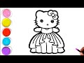 Hello kitty with beautiful dress drawing, painting & colouring for kids and toddlers.