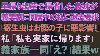 【スカッとする話】同居中の義実家に里帰り出産で帰省してきた義妹から退去要求「寄生虫はお腹の子に悪影響！」私「私も実家に帰ります」→義家族一同「え？」結果www