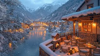 Cozy Winter Serenity: Peaceful Mountain Town,Warm Fireplace \u0026 Smooth Jazz at Relaxing Coffee Terrace