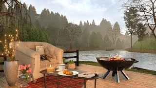 Cozy Spring Porch in Forest Ambience with Lake and Fireplace Sounds for Sleep, Study and Relaxation