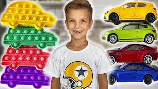 Mark and stories about pop it - cars and toys for kids