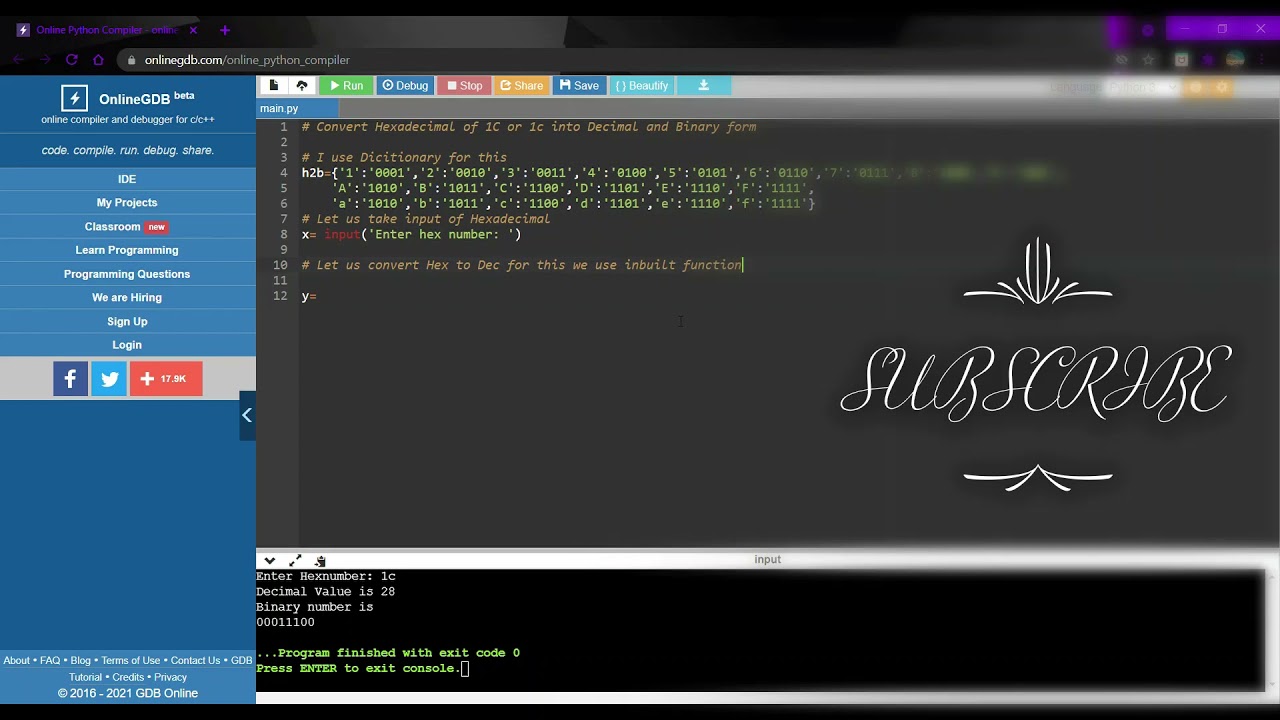 Convert Hexadecimal To Binary And Decimal Using Dictionary || Python ...
