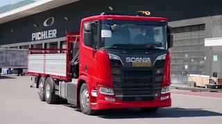 Pritsche mit Hiab X HiPro 232 Kran auf Scania Chassis