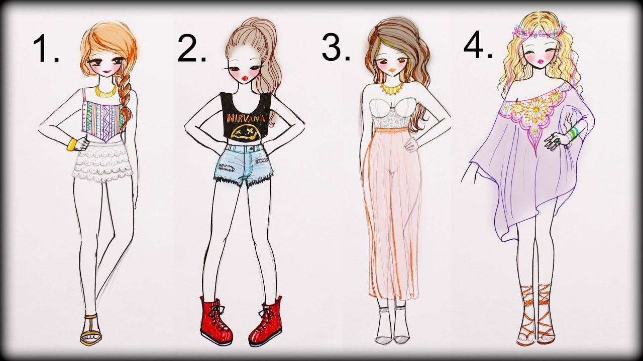 Drawing Tutorial - How To Draw 4 Summer Outfits - YouTube