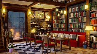 Unwind in Winter Bookstore Café ❄️ Snowfall on Window Ambience, Smooth Jazz