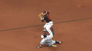 TB@BAL: Pearce debuts at second, turns a double play