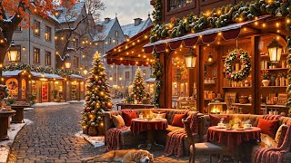 Warm & Cozy Winter Café Ambience☕Sparkling Illumination,Winter Pines & Snowy Street To Soothing Jazz