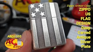 Zippo US FLAG (28974) | Antique Silver Plate | Zippo Armor Case | ARCz-105