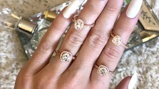 ¾ ctw and 1.25 ctw square halo, 1 ctw oval and 1.25 ctw art deco halo rings in rose gold