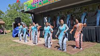 Arakanese girls are dancing Traditional Rakhine Dance at Rakhine Water Festival in Iowa 2023 (USA)